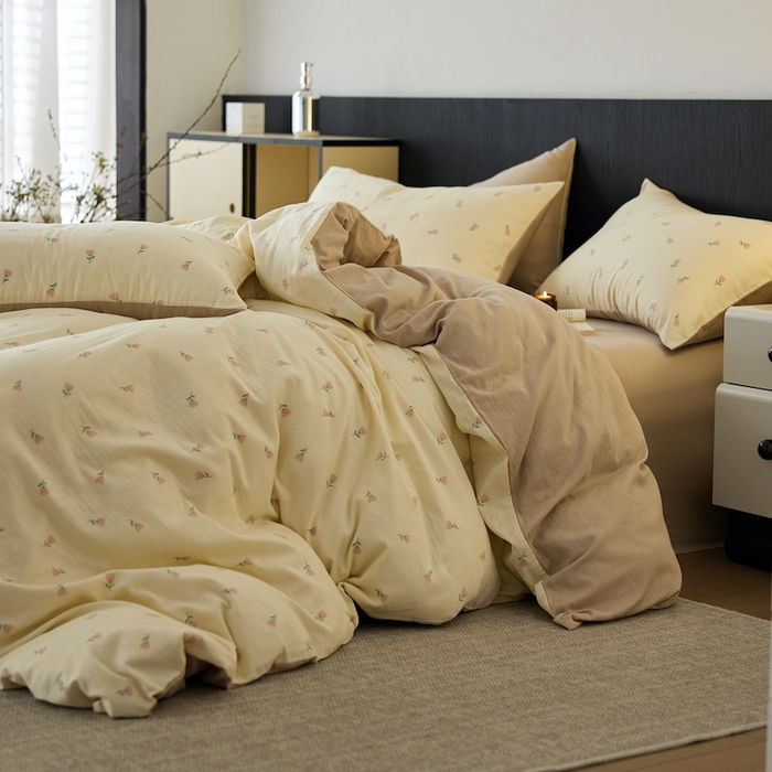 91家纺网 家纺一手货源 找家纺 千朵森 2025新款高品质ins风A类全棉纯棉双层纱四件套（泽塔斯） 泽塔斯-夕颜