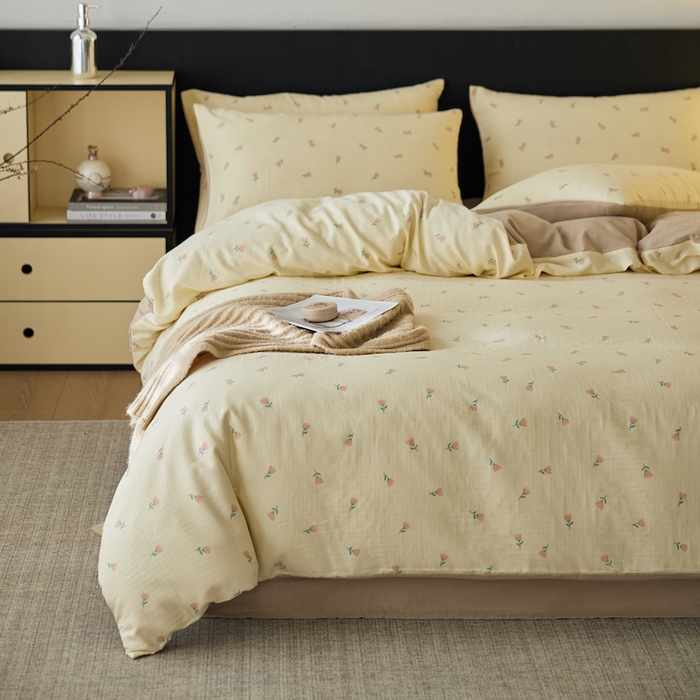 91家纺网 家纺一手货源 找家纺 千朵森 2025新款高品质ins风A类全棉纯棉双层纱四件套（泽塔斯） 泽塔斯-夕颜