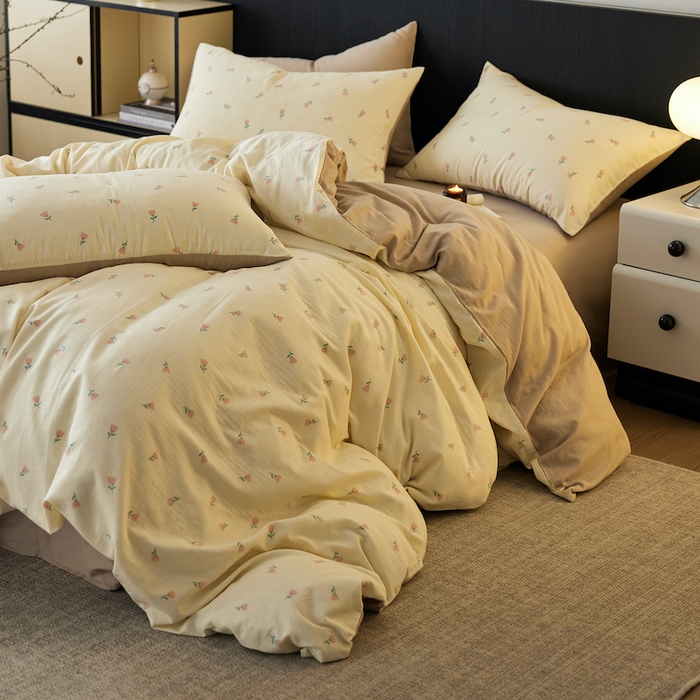 91家纺网 家纺一手货源 找家纺 千朵森 2025新款高品质ins风A类全棉纯棉双层纱四件套（泽塔斯） 泽塔斯-夕颜