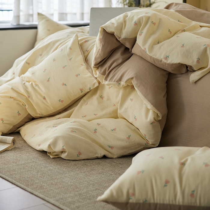 91家纺网 家纺一手货源 找家纺 千朵森 2025新款高品质ins风A类全棉纯棉双层纱四件套（泽塔斯） 泽塔斯-夕颜