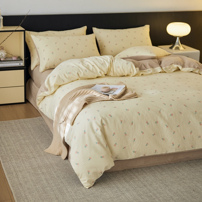 91家纺网 家纺一手货源 找家纺 千朵森 2025新款高品质ins风A类全棉纯棉双层纱四件套（泽塔斯） 泽塔斯-夕颜