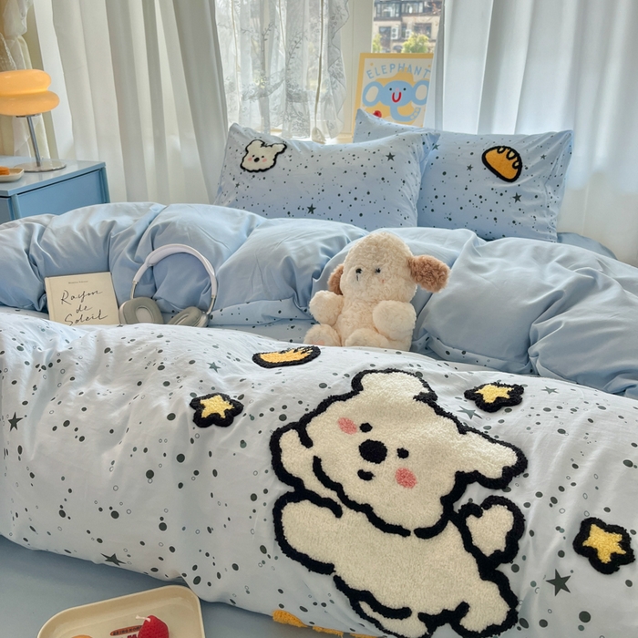 91家纺网 家纺一手货源 找家纺 （总）罗亿家纺 2025新款110g高克重云朵棉直播热款毛巾绣四件套(场景二）提供买家秀