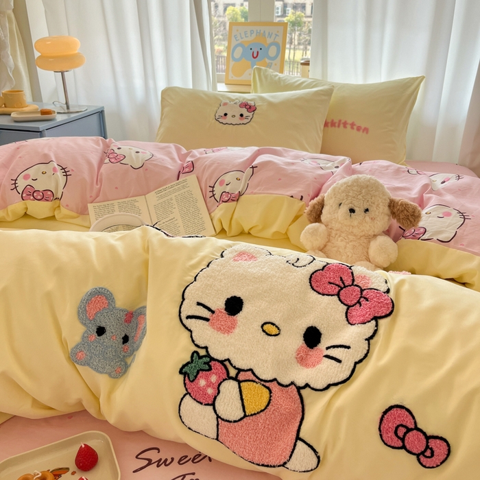 91家纺网 家纺一手货源 找家纺 （总）罗亿家纺 2025新款110g高克重云朵棉直播热款毛巾绣四件套(场景二）提供买家秀