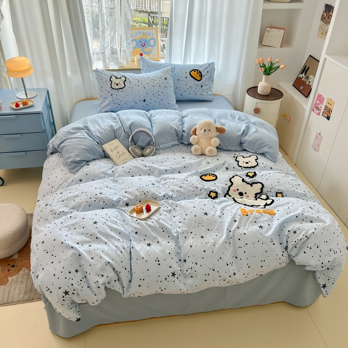 91家纺网 家纺一手货源 找家纺 罗亿家纺 2025新款110g高克重云朵棉直播热款毛巾绣四件套(场景二）提供买家秀 星空线条狗