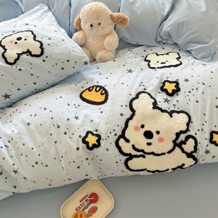 91家纺网 家纺一手货源 找家纺 罗亿家纺 2025新款110g高克重云朵棉直播热款毛巾绣四件套(场景二）提供买家秀 星空线条狗