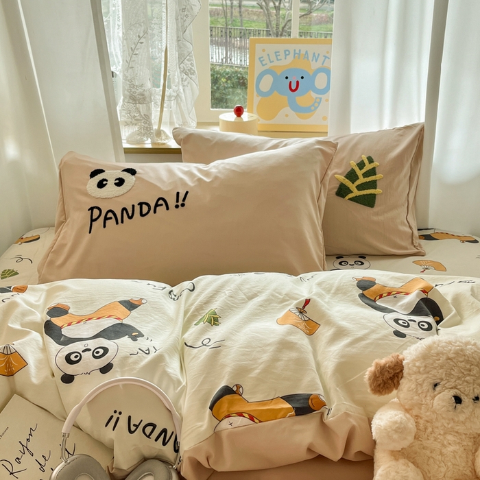 91家纺网 家纺一手货源 找家纺 罗亿家纺 2025新款110g高克重云朵棉直播热款毛巾绣四件套(场景二）提供买家秀 熊猫会功夫