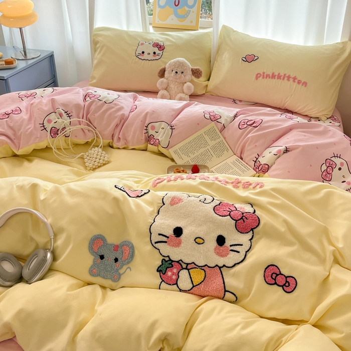 91家纺网 家纺一手货源 找家纺 罗亿家纺 2025新款110g高克重云朵棉直播热款毛巾绣四件套(场景二）提供买家秀 可爱小猫-黄