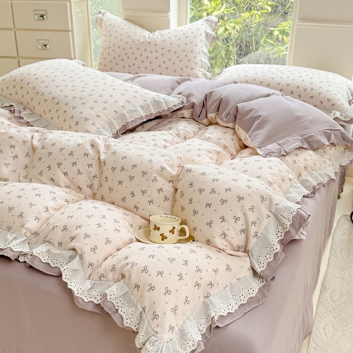 91家纺网 家纺一手货源 找家纺 晨晨家纺2025新款全棉双层花边双层纱四件套 法式少女-咖