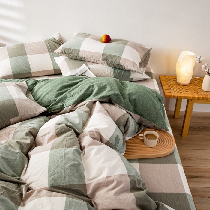 91家纺网 家纺一手货源 找家纺 2025新款A类色织水洗棉单被套 绿大格