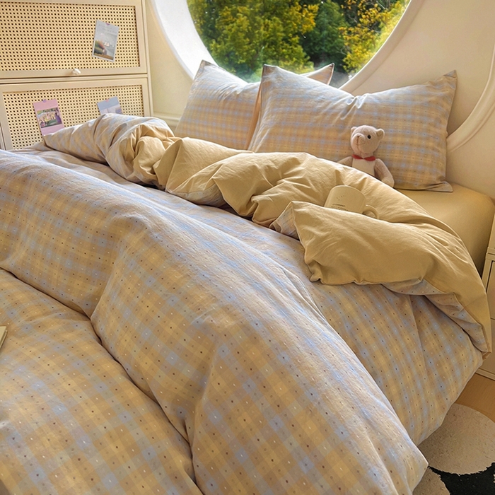 91家纺网 家纺一手货源 找家纺 田野 2025新款全棉水洗棉提花点点系列四件套 点点-兰咖