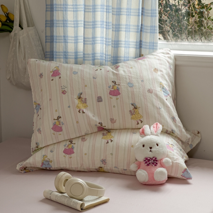 91家纺网 家纺一手货源 找家纺 塔塔家居   2025新款全棉纯棉双层纱枕套单品单枕套枕套单件 桃桃少女·粉