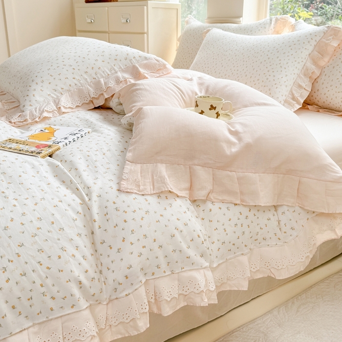 91家纺网 家纺一手货源 找家纺 晨晨家纺2025新款全棉双层花边双层纱四件套 花蕊-黄