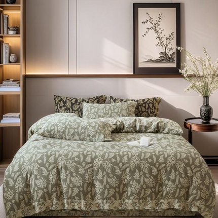 2025新款全棉色织双层纱纽扣款四件套 扶苏-绿