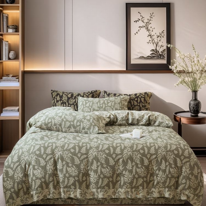 91家纺网 家纺一手货源 找家纺 2025新款全棉色织双层纱纽扣款四件套 扶苏-绿