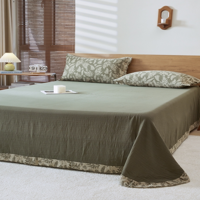 91家纺网 家纺一手货源 找家纺 2025新款全棉色织双层纱纽扣款四件套 扶苏-绿