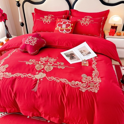 91家纺网 家纺一手货源 找家纺 （总）2025新款100支150克双面长绒棉婚庆绣花四件套