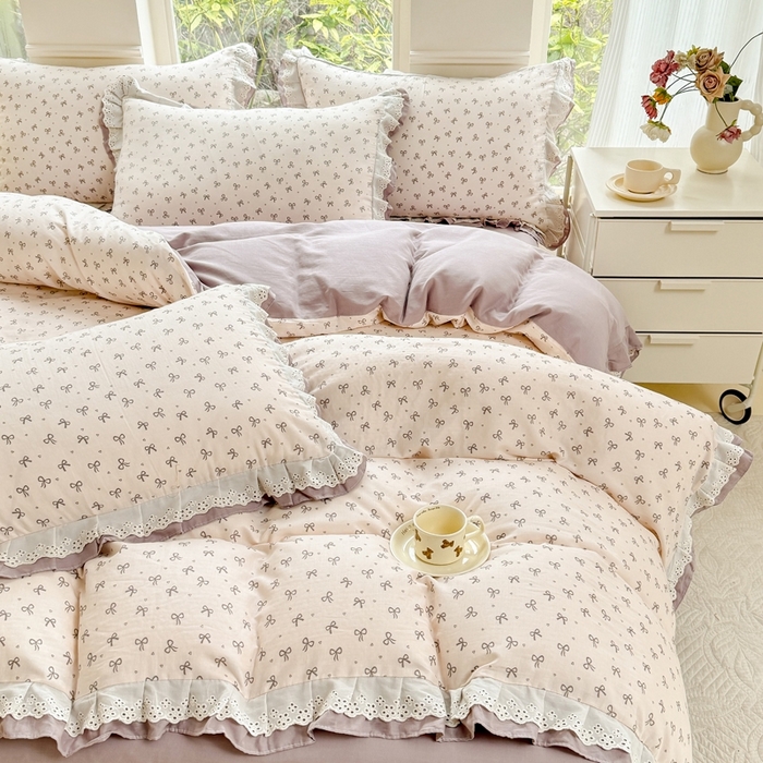 91家纺网 家纺一手货源 找家纺 晨晨家纺2025新款全棉双层花边双层纱四件套 法式少女-咖