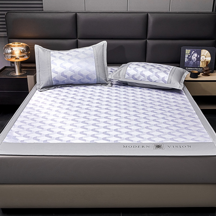 91家纺网 家纺一手货源 找家纺 全季家居 2025新款5A抗菌3D立体冰柔凉感冰丝席 菱形-天蓝 床笠款