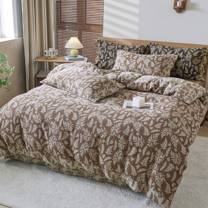 91家纺网 家纺一手货源 找家纺 2025新款全棉色织双层纱纽扣款四件套 扶苏-浅咖