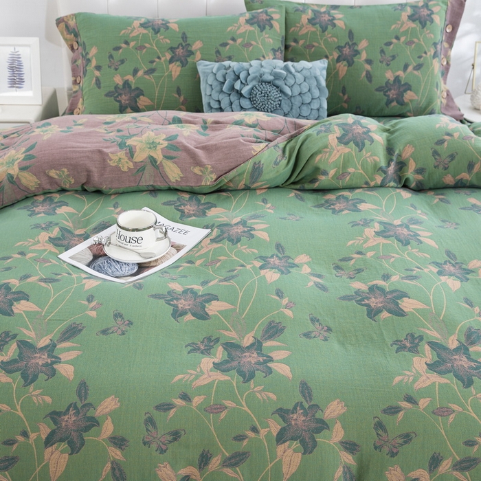 91家纺网 家纺一手货源 找家纺 2025新款全棉色织双层纱纽扣款四件套 和和美美-绿