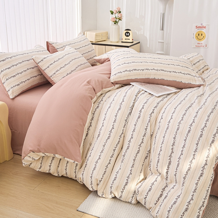 91家纺网 家纺一手货源 找家纺 蕾诺家纺 2025新款直播新款A类有氧提花云纱棉圆角吊边工艺四件套学生三件套 摩卡