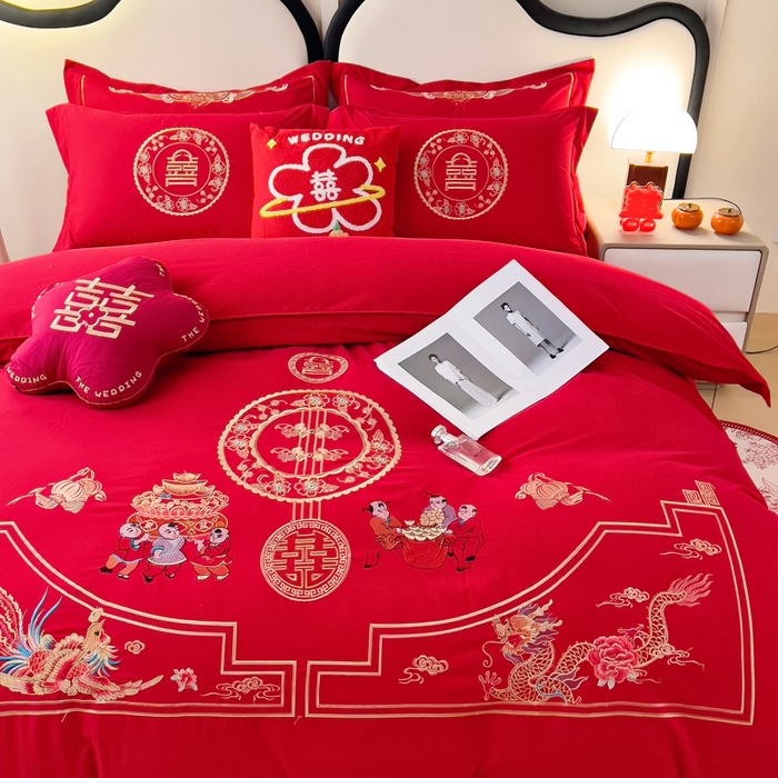 91家纺网 家纺一手货源 找家纺 2025新款100支150克双面长绒棉婚庆绣花四件套 龙凤九天