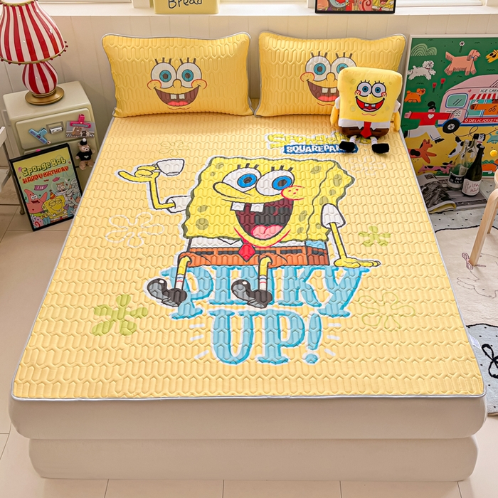 91家纺网 家纺一手货源 找家纺 金爱家 2025新款海绵宝宝乳胶凉席床席款凉席席子 床席款-咖啡海绵宝宝