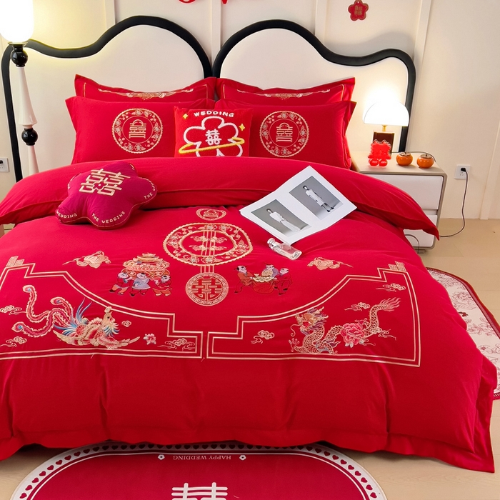 91家纺网 家纺一手货源 找家纺 2025新款100支150克双面长绒棉婚庆绣花四件套 龙凤九天