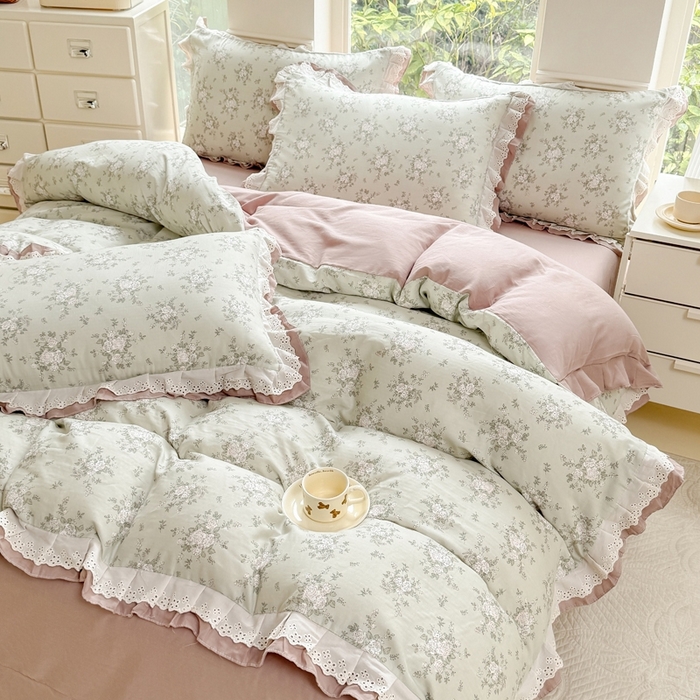 91家纺网 家纺一手货源 找家纺 晨晨家纺2025新款全棉双层花边双层纱四件套 浮生半日-绿