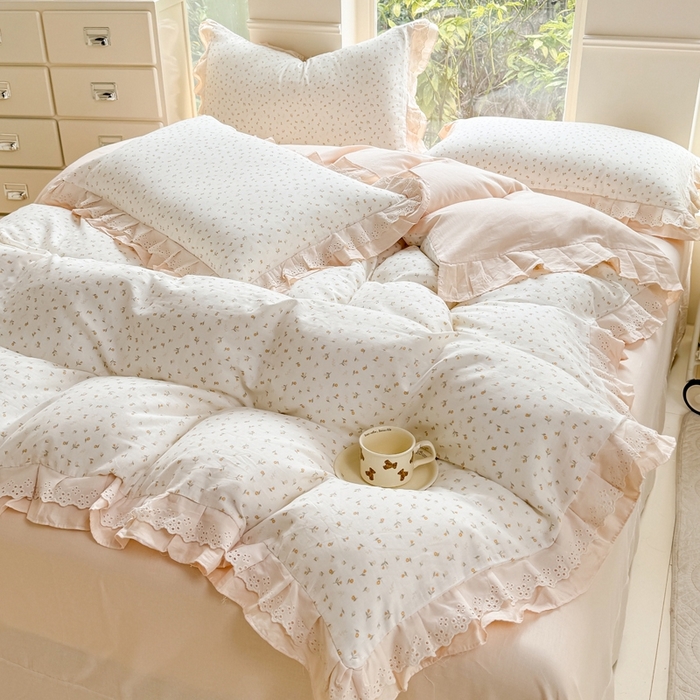 91家纺网 家纺一手货源 找家纺 晨晨家纺2025新款全棉双层花边双层纱四件套 花蕊-黄