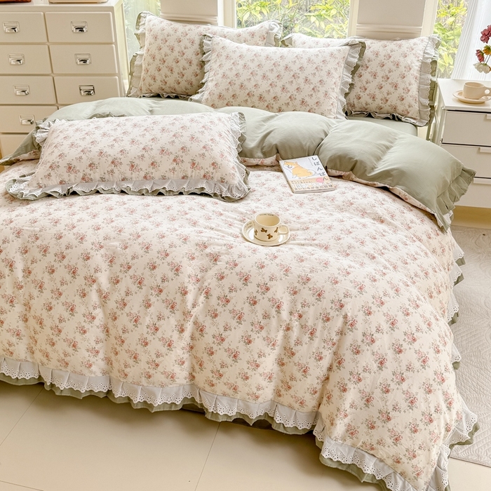 91家纺网 家纺一手货源 找家纺 晨晨家纺2025新款全棉双层花边双层纱四件套 香缇