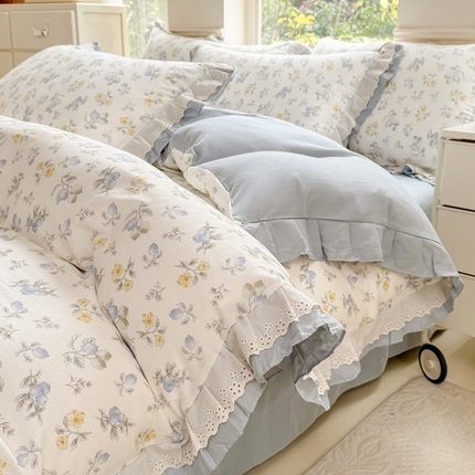 晨晨家纺2025新款全棉双层花边双层纱四件套 伊甸园之梦-蓝