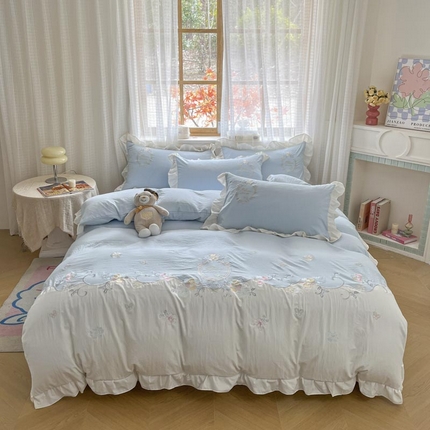 ab家纺2025新款全棉水洗棉绣花四件套-夏莉儿 夏莉儿-天空蓝
