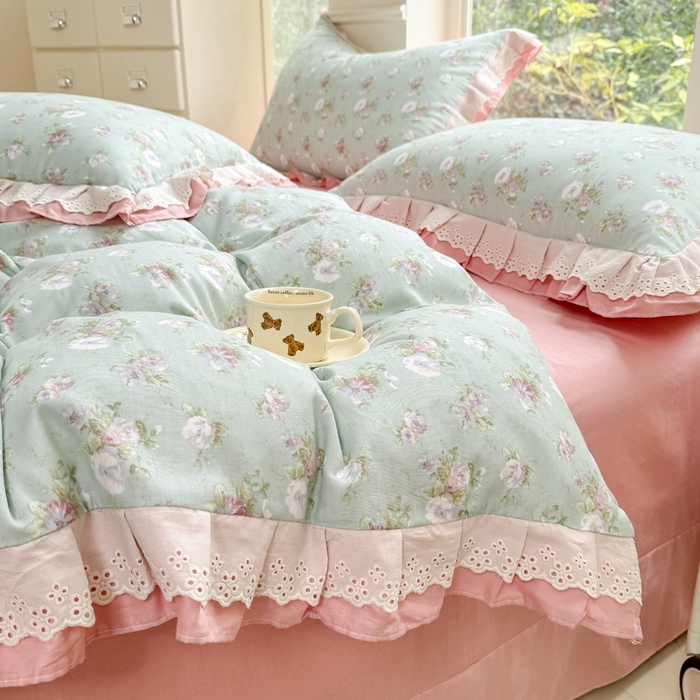 91家纺网 家纺一手货源 找家纺 晨晨家纺2025新款全棉双层花边双层纱四件套 秘密花园