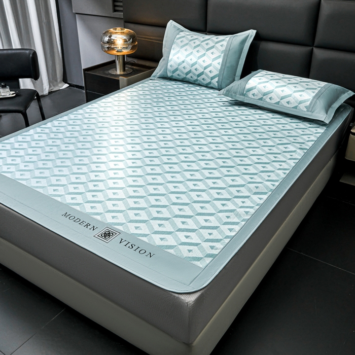 91家纺网 家纺一手货源 找家纺 全季家居 2025新款5A抗菌3D立体冰柔凉感冰丝席 格调-水绿 床笠款