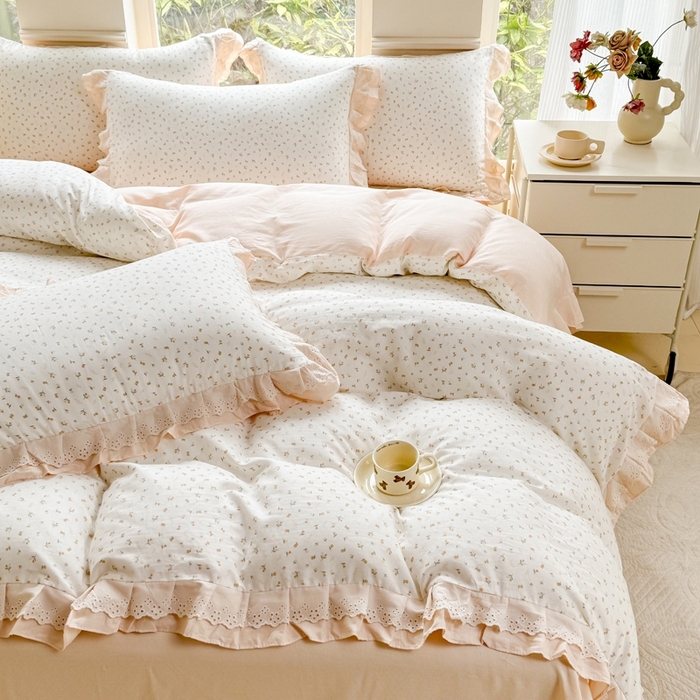 91家纺网 家纺一手货源 找家纺 晨晨家纺2025新款全棉双层花边双层纱四件套 花蕊-黄