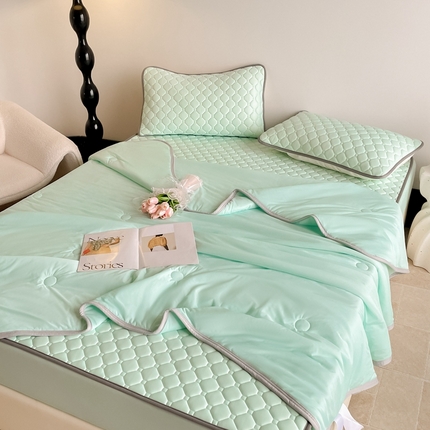 2025新款加厚乳胶床笠款经典纯色夏被套件 方格-水绿