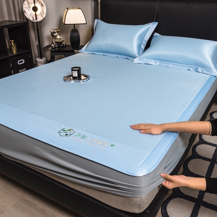 91家纺网 家纺一手货源 找家纺 全季家居 2025新款5A加厚加密艾草碳光席冰丝席 床笠-雾蓝