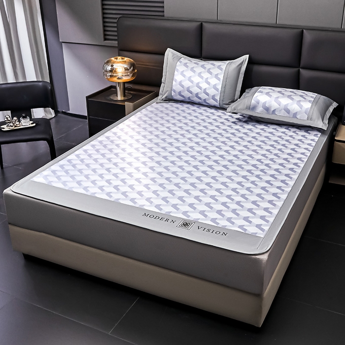 91家纺网 家纺一手货源 找家纺 全季家居 2025新款5A抗菌3D立体冰柔凉感冰丝席 菱形-天蓝 床笠款