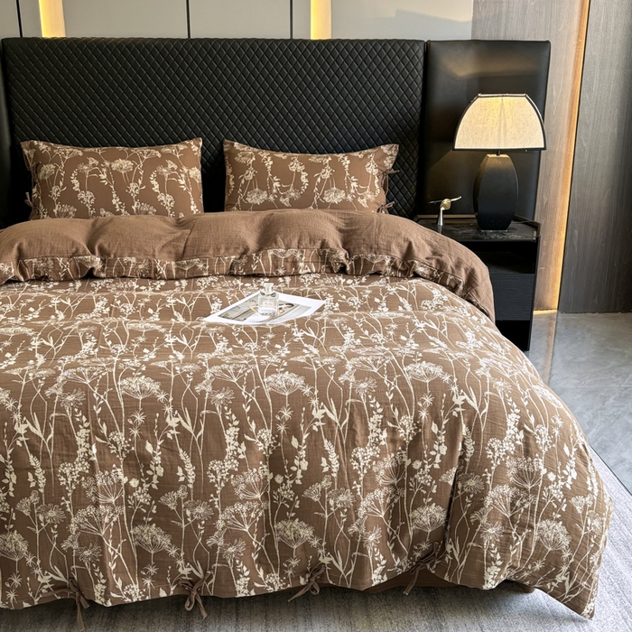 91家纺网 家纺一手货源 找家纺 鲁爱家纺供货 2025新款全棉色织双层纱系带款四件套 云影-浅咖