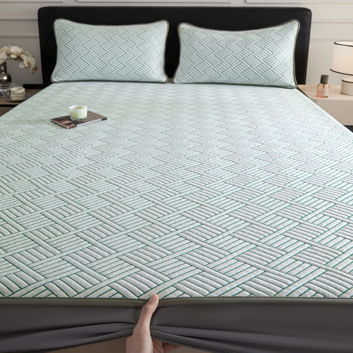 91家纺网 家纺一手货源 找家纺 2025新款韩国外贸爆款加厚PE中分子凉感豆豆软席 时空绿-床笠款