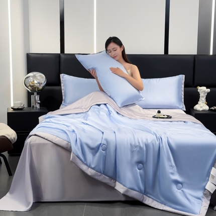 2025新款清凉舒适水洗冰丝刺绣夏被四件套 蝴蝶结-时光蓝