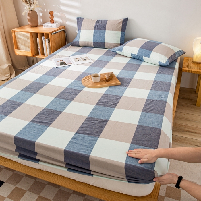 91家纺网 家纺一手货源 找家纺 2025新款A类色织水洗棉单被套 米棕丈青格