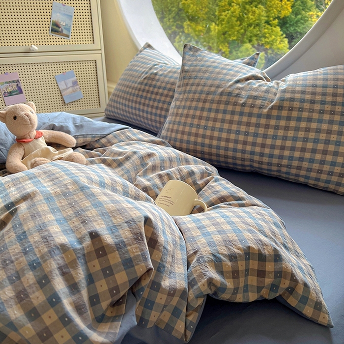 91家纺网 家纺一手货源 找家纺 田野 2025新款全棉水洗棉提花点点系列四件套 点点-深蓝