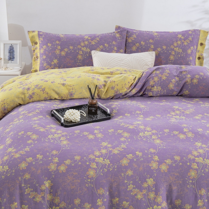 91家纺网 家纺一手货源 找家纺 2025新款全棉色织双层纱纽扣款四件套 织梦-浅紫