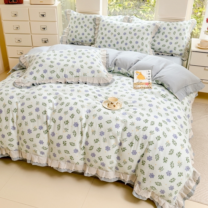 91家纺网 家纺一手货源 找家纺 晨晨家纺2025新款全棉双层花边双层纱四件套 浅浅花漾