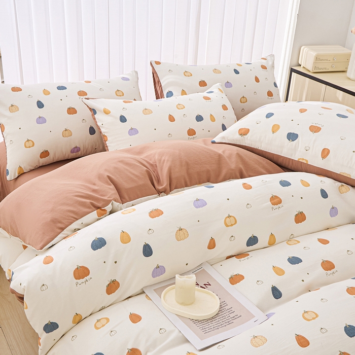 91家纺网 家纺一手货源 找家纺 蕾诺家纺 2025新款直播新款A类有氧提花云纱棉圆角吊边工艺四件套学生三件套 小南瓜