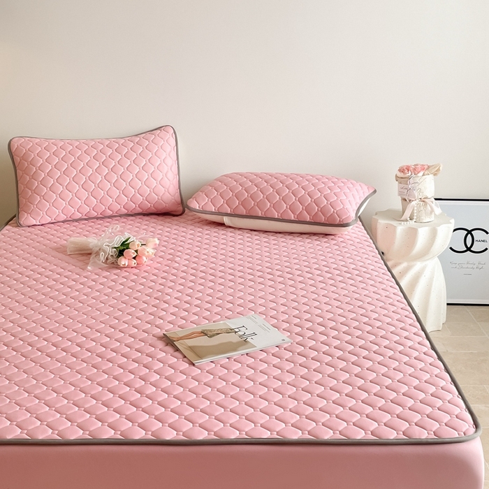 91家纺网 家纺一手货源 找家纺 2025新款加厚乳胶床笠款经典纯色夏被套件 方格-豆粉