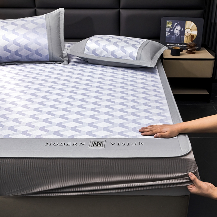 91家纺网 家纺一手货源 找家纺 全季家居 2025新款5A抗菌3D立体冰柔凉感冰丝席 菱形-天蓝 床笠款