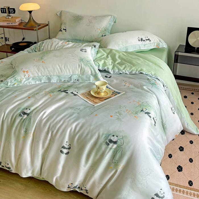 91家纺网 家纺一手货源 找家纺 棉生活家纺 2025新款天丝莱赛尔印花四件套 熊猫乐园